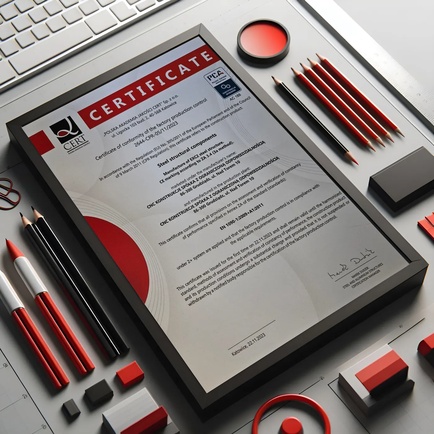 Certyfikat Zakładowej Kontroli Produkcji zgodny z EN 1090-1 dla CNC Konstrukcje